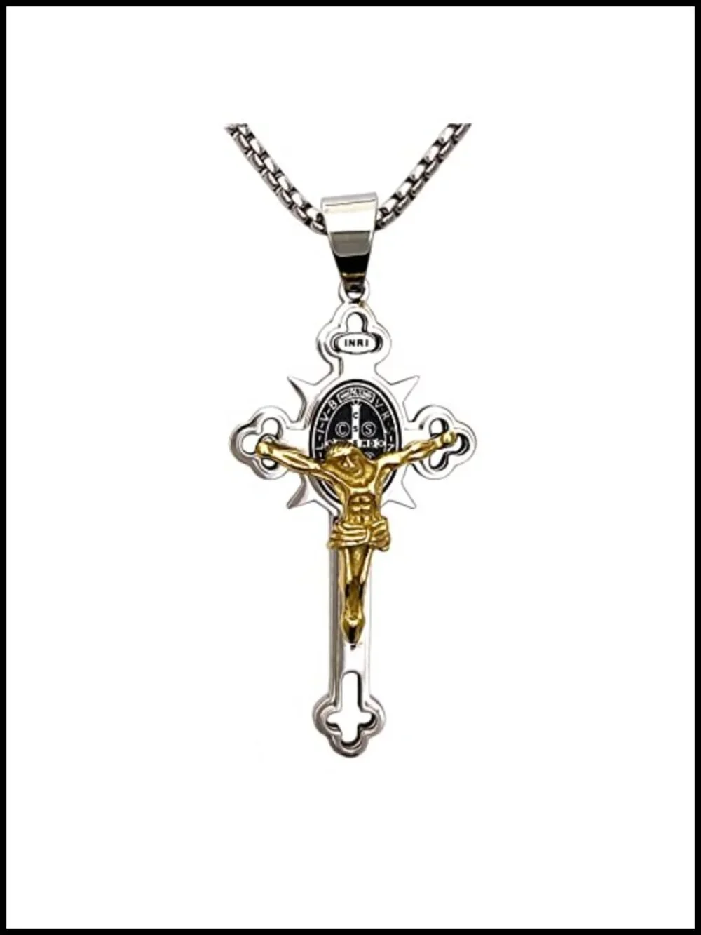 Stainless Steel St Benedict Crucifix Cross Necklace INRI